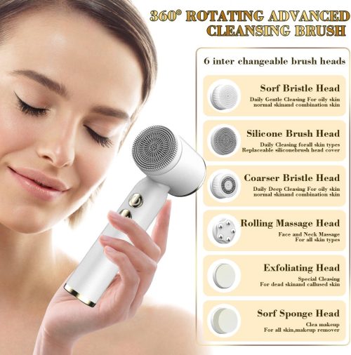 Facial Cleansing Brush,6 in 1 Electric Face Scrubber Facial Spin Rechargable IPX6 Waterproof Face Scrubber with 6 Brush Heads - Image 3