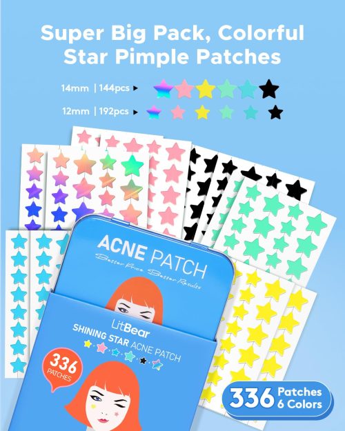 LitBear Acne Patch with Tea Tree & Centella Oil, 168 Hydrocolloid Dots in 6 Colors for Face - Cute Star Pimple Stickers - Image 9