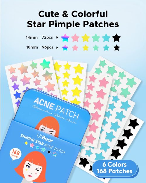 LitBear Acne Patch with Tea Tree & Centella Oil, 168 Hydrocolloid Dots in 6 Colors for Face - Cute Star Pimple Stickers - Image 2