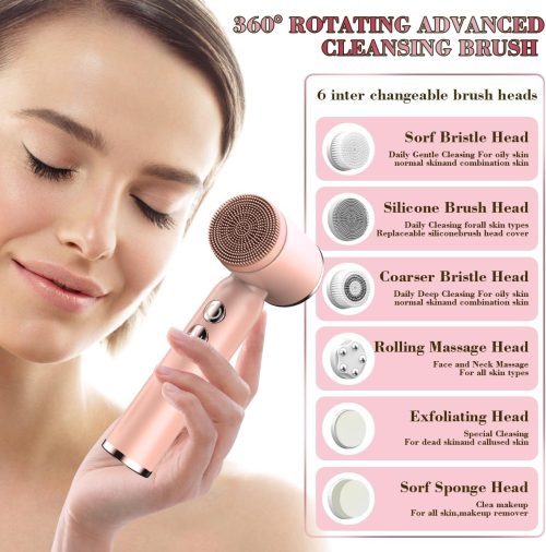 Facial Cleansing Brush,6 in 1 Electric Face Scrubber Facial Spin Rechargable IPX6 Waterproof Face Scrubber with 6 Brush Heads - Image 7